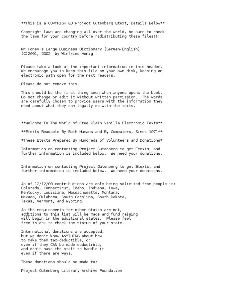 Mr Honey S Large Business Dictionarygerman English By Honig Winfried Pdf Indemnity Project Gutenberg