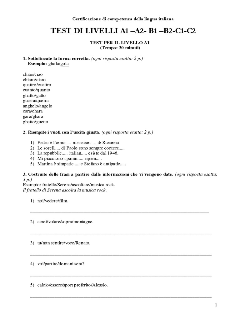 Test Di Livello Lingua Italiana | PDF