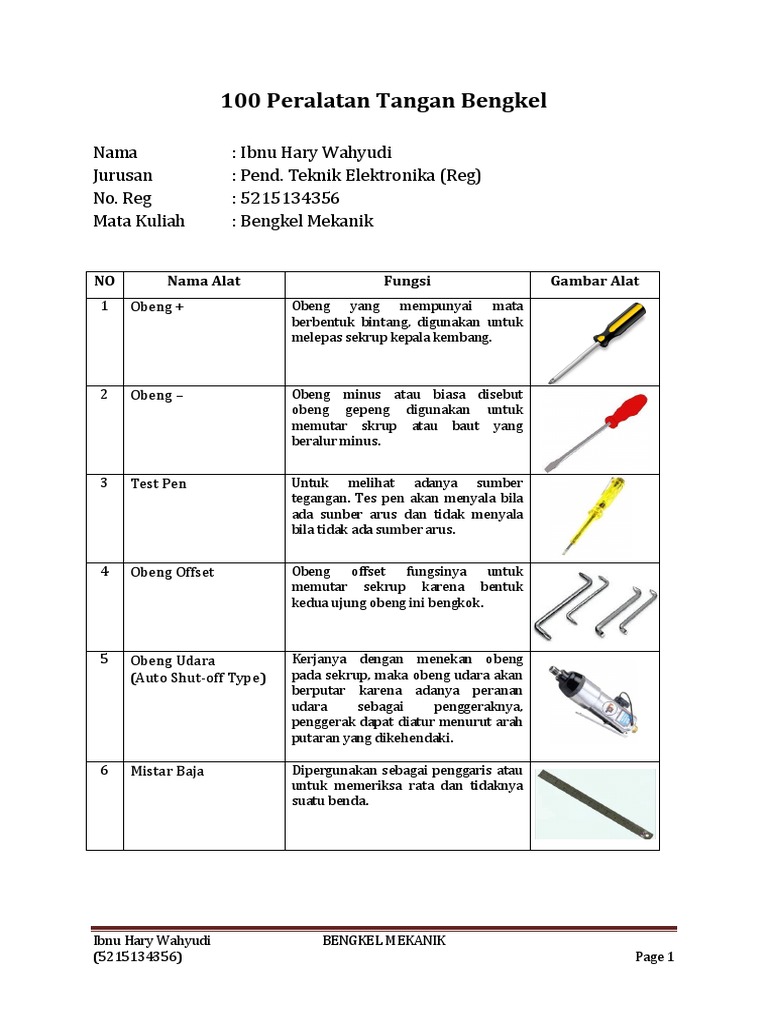 100 Peralatan Tangan Bengkel