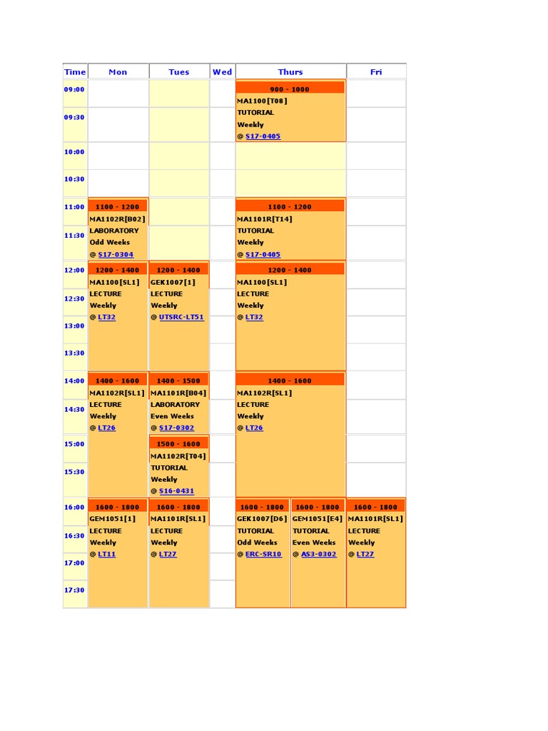 Weekly Class Schedule Overview | PDF