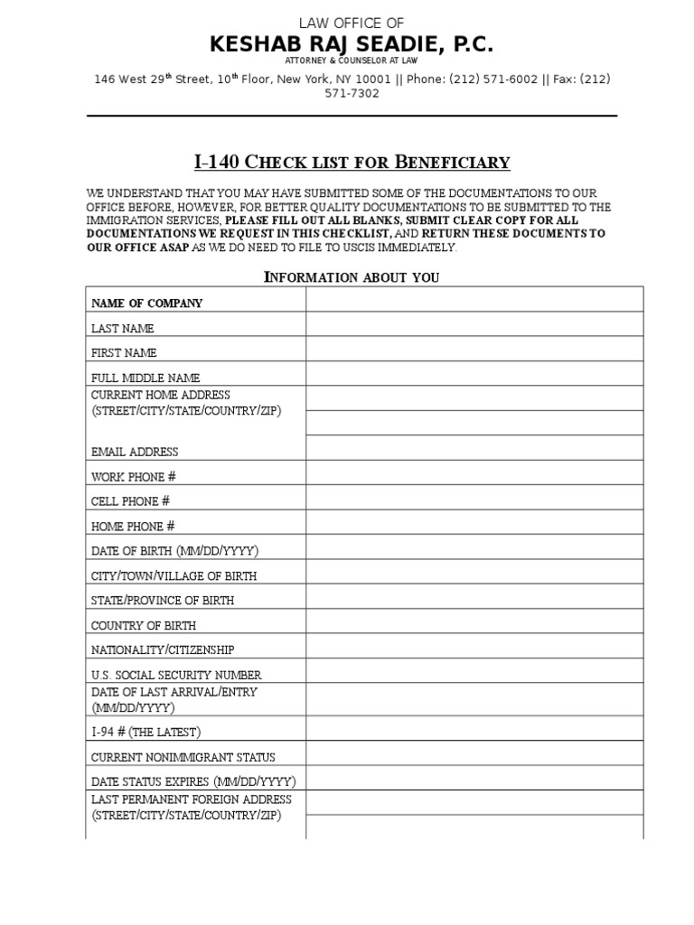 I-140 Checklist for Beneficiary: A Comprehensive Guide and Form for ...