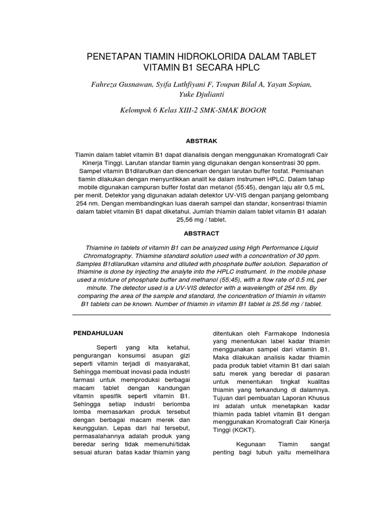 Tiamin Hidroklorida Dalam Tablet Vitamin b1 Secara Hplc