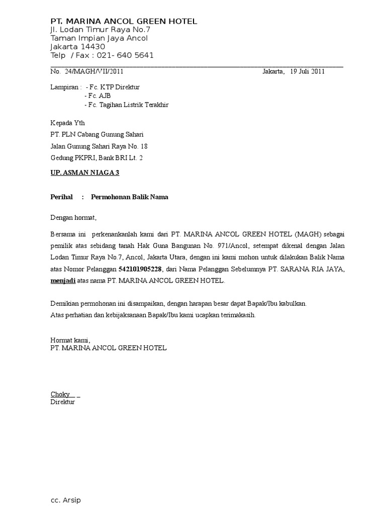 Surat Permohonan Balik Nama Pln