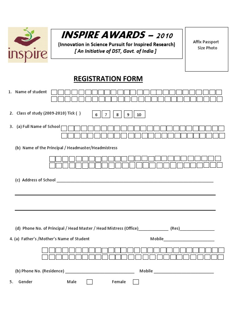 INSPIRE Award Registration Form 2010 | PDF | Science & Mathematics