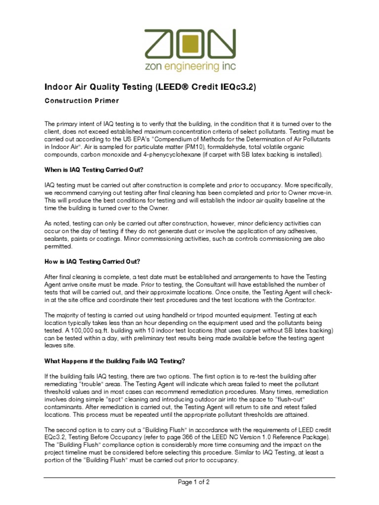Indoor Air Quality Testing (Leed Credit Ieqc3.2) Construction Primer