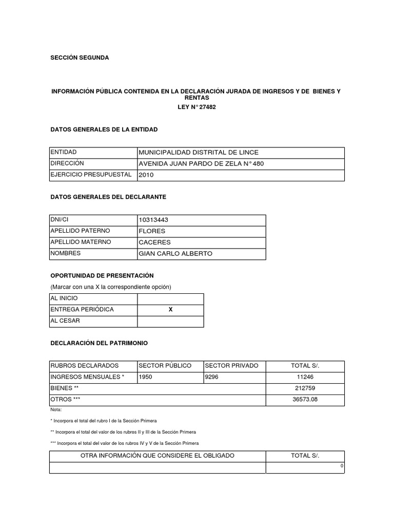 Declaración Jurada de Ingresos y Bienes | PDF | Finanzas y dinero