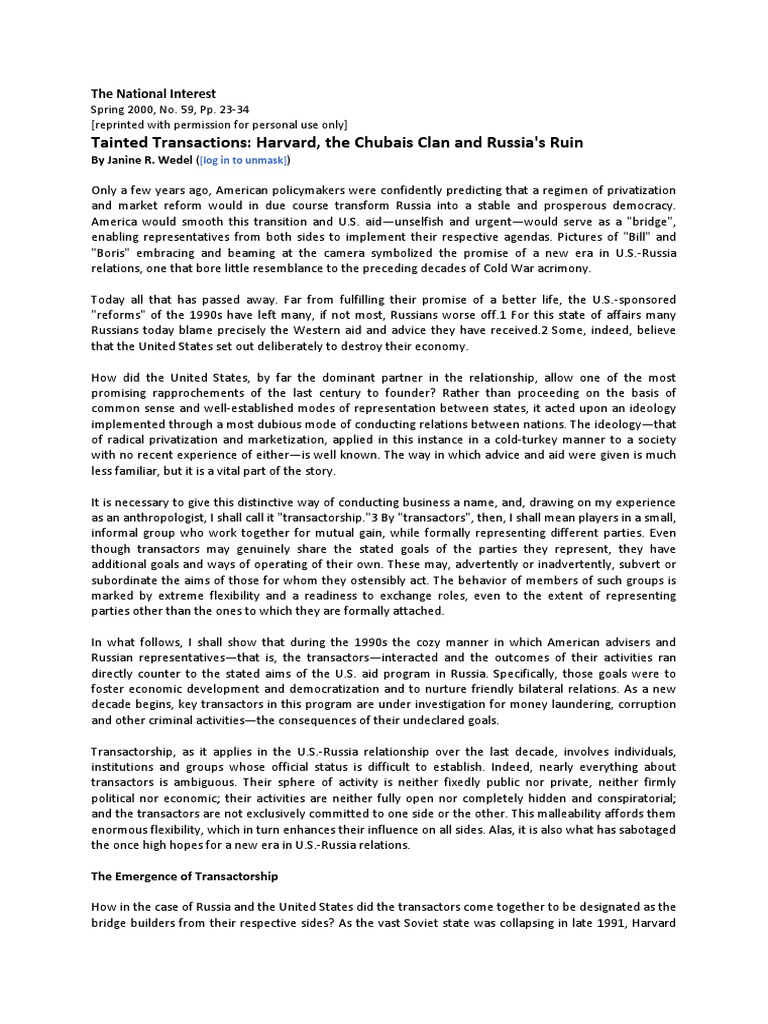 Janine R. Wedel - Tainted Transactions: Harvard, The Chubais Clan and ...