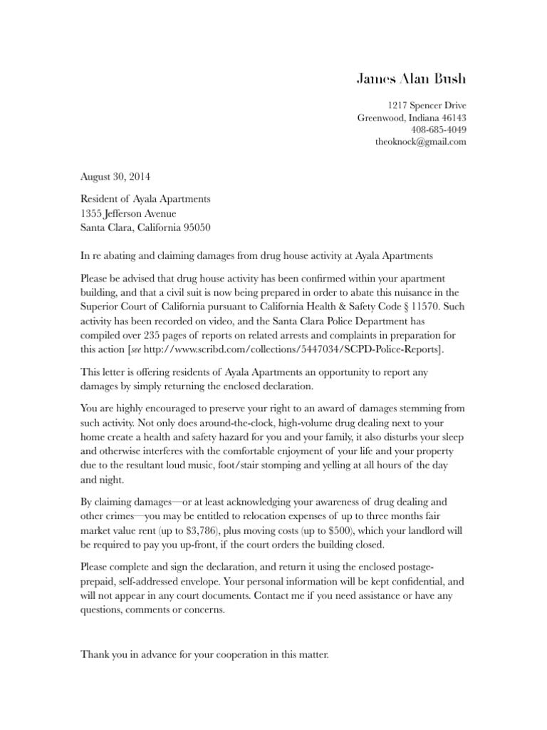 Letter to Ayala Apartment Tenants | Apartment | Nuisance