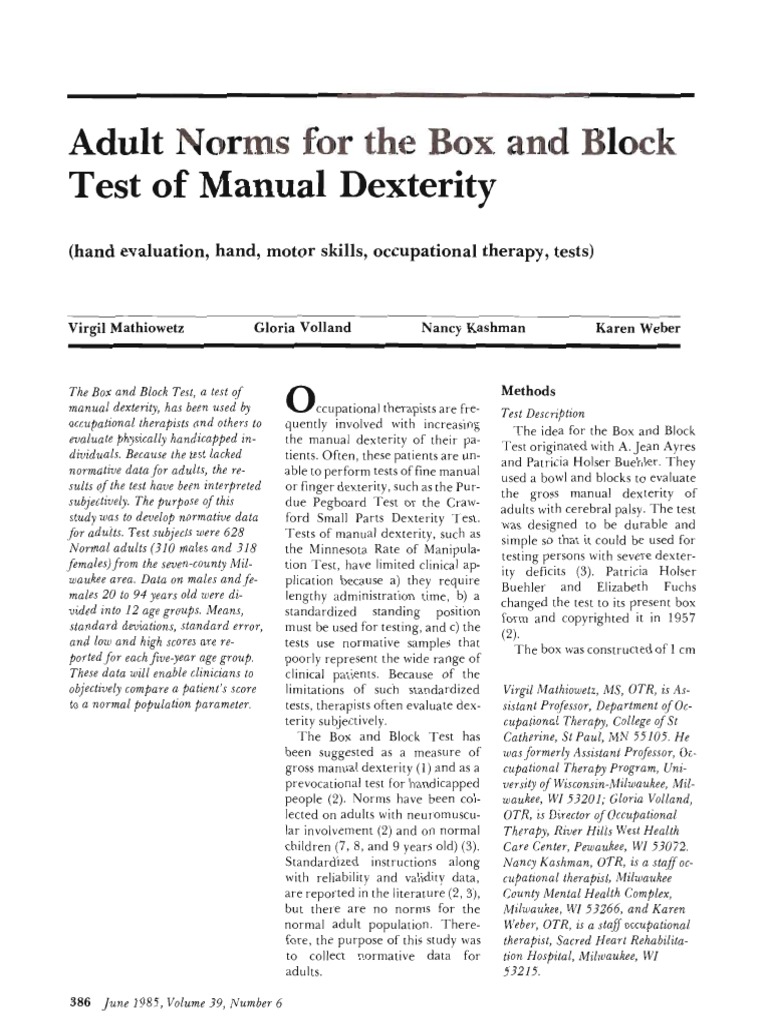 Box and Block Adults Norms Cognition Psychology & Cognitive Science