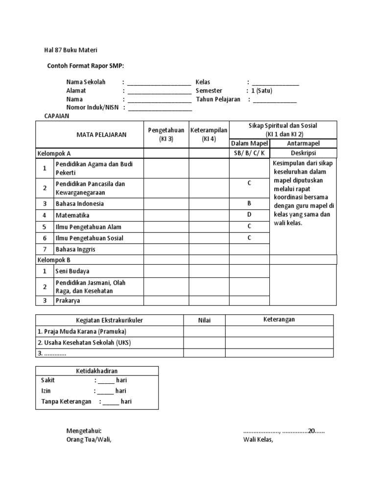 Contoh Format Rapor SMP Terbaru | PDF