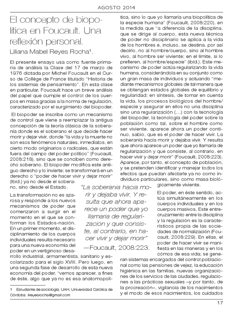 El concepto de biopolítica en Foucault. Una reflexión personal. Liliana Reyes. Michel Foucault