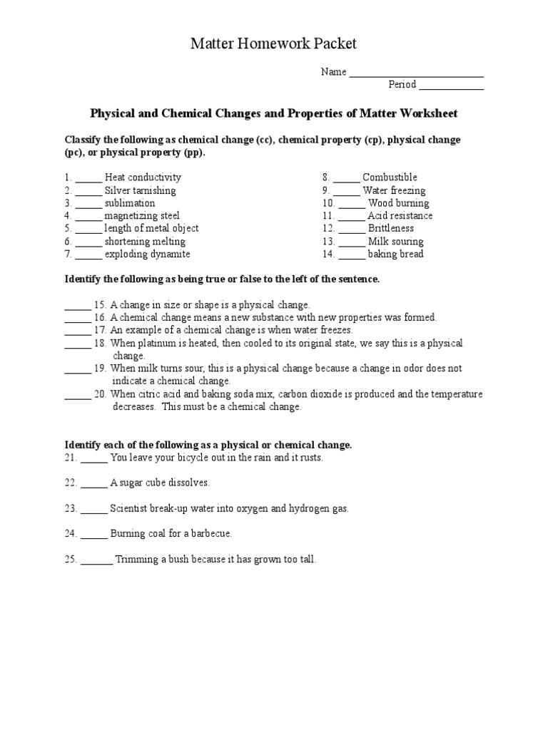 Matter worksheet packet picture