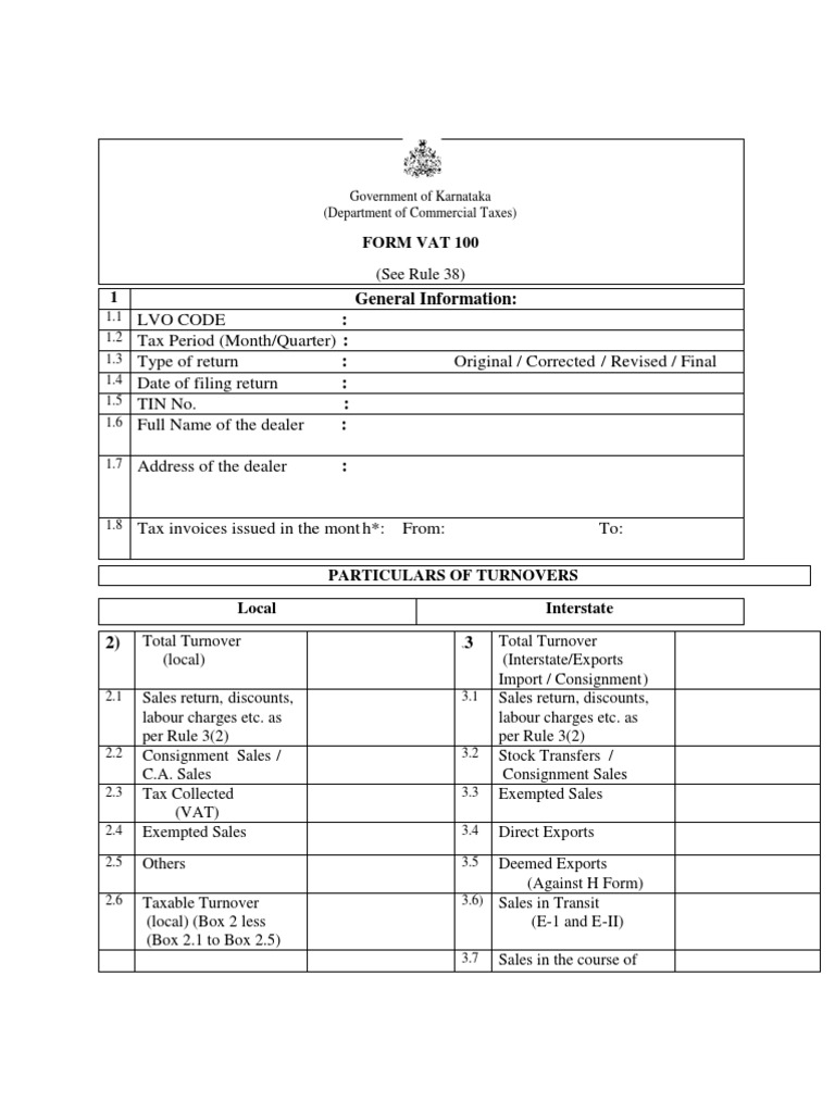 Karnataka VAT 100 Return Form | PDF | Value Added Tax | Taxes