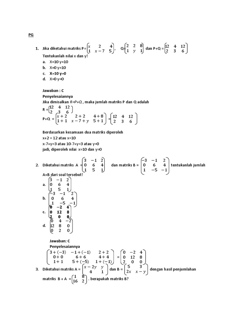 Soal Cerita Matriks Contoh Soal Pelajaran