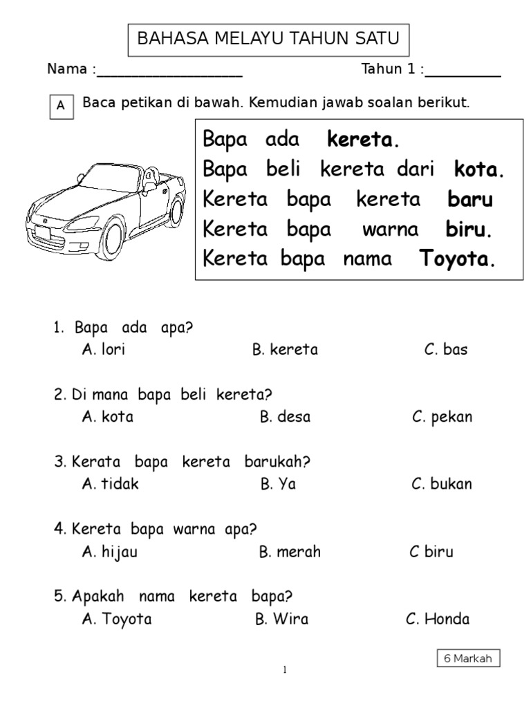 contoh soalan bahasa melayu tahun 1