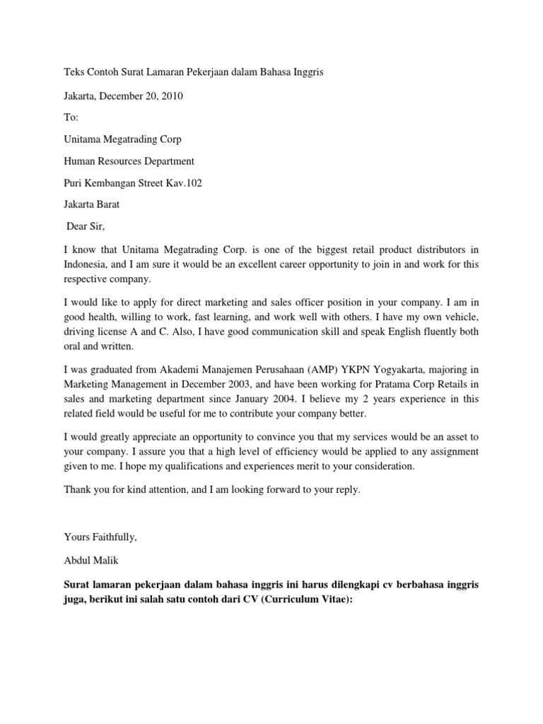 Contoh Job Vacancy Application Letter Cv Dalam Bahasa