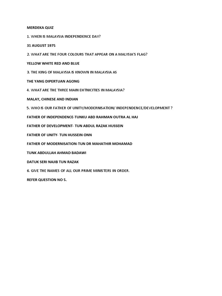 Malaysia Merdeka Quiz Questions | PDF