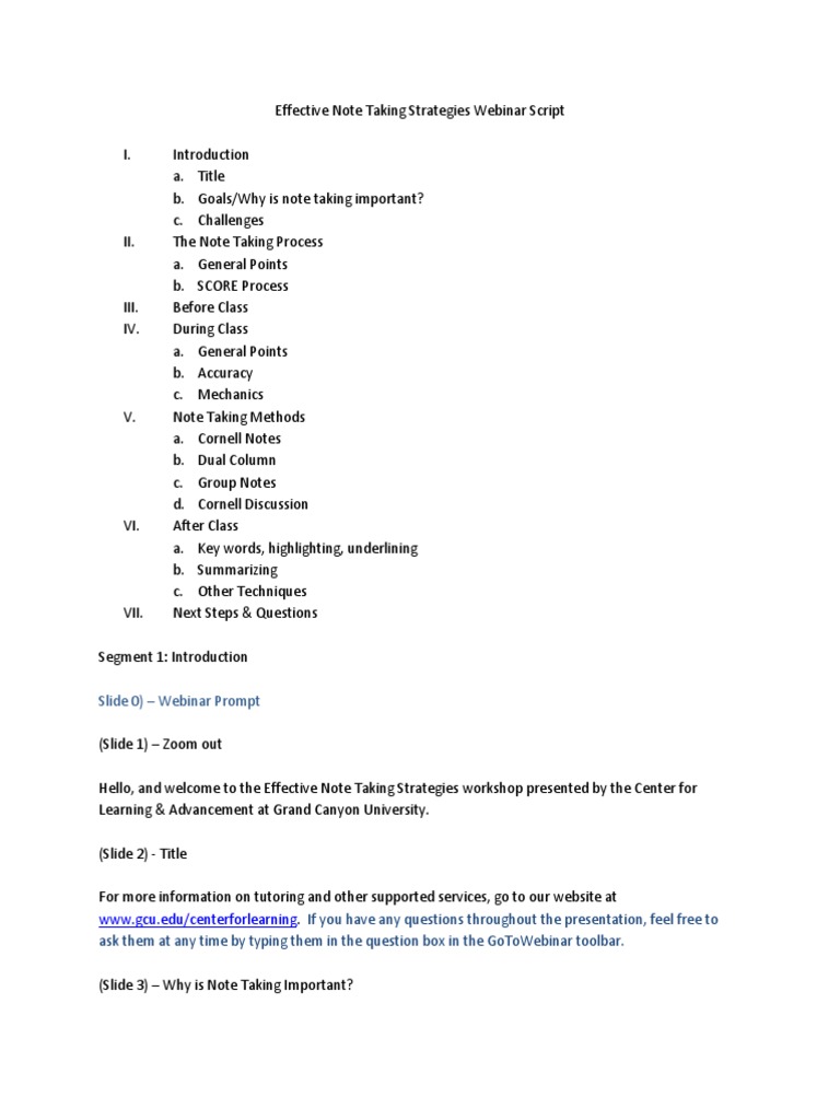 Effective Note Taking Strategies Webinar Script | PDF | Lecture | Cognition