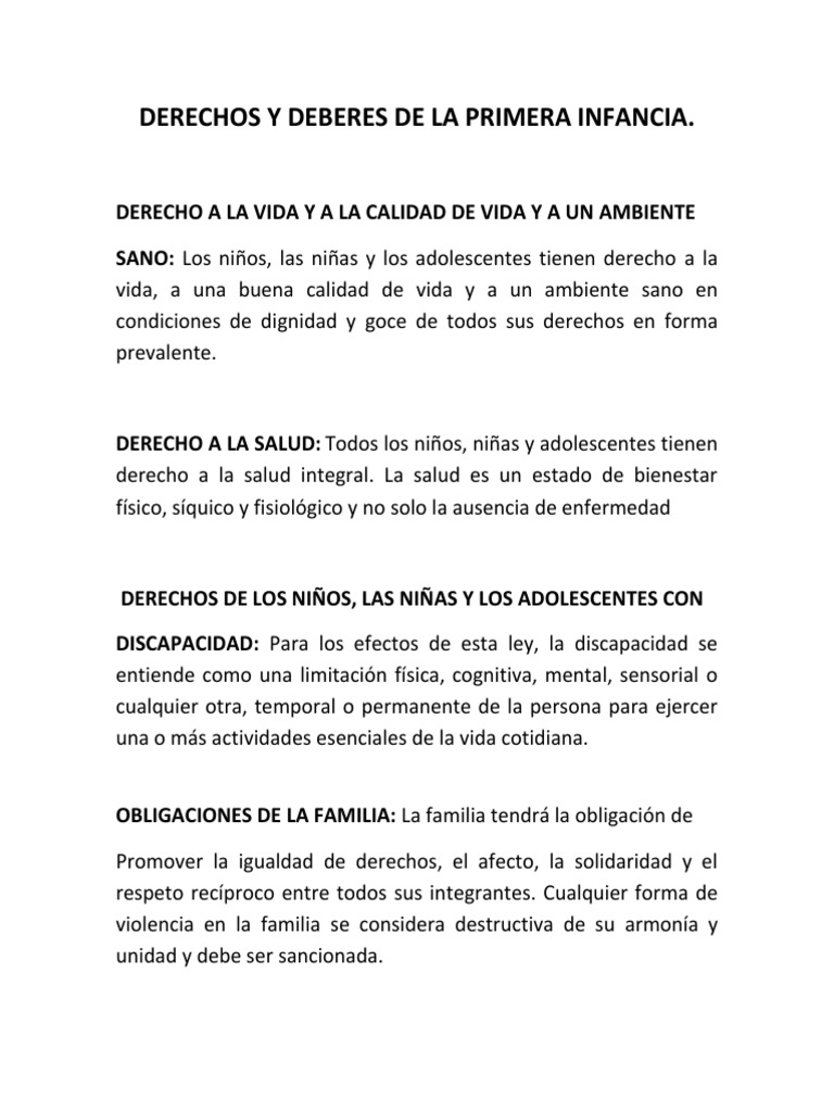 Derechos y Deberes de La Primera Infancia Plegable | PDF | Libertad ...