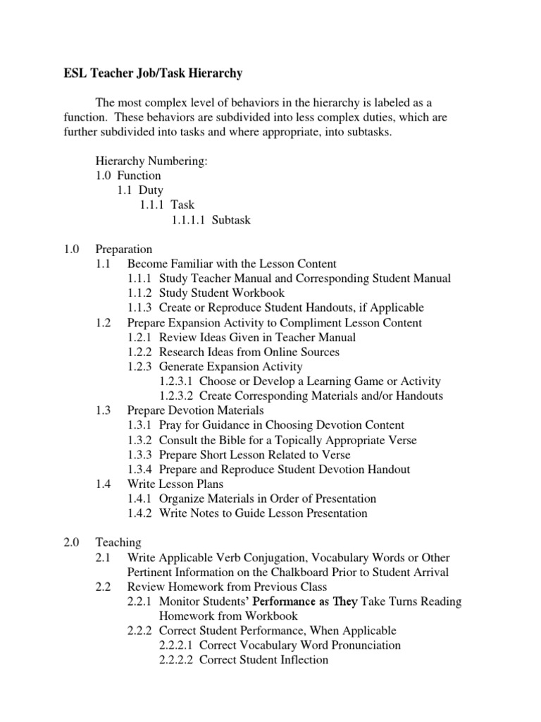 Esl Job Task Analysis Only  Vocabulary  English Language