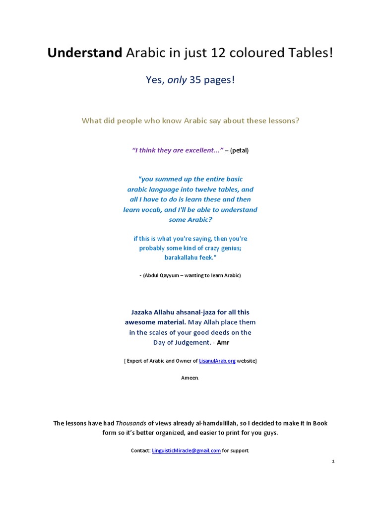 Understand Arabic in 12 Coloured Tables | PDF | Grammatical Tense | Plural