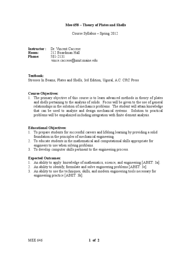 Advanced Plate and Shell Theory Syllabus | PDF