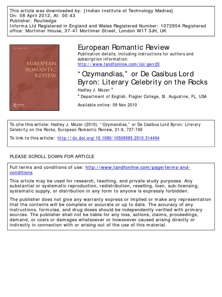 Ozymandias Or De Casibus Lord Byron Lord Byron Mary Shelley