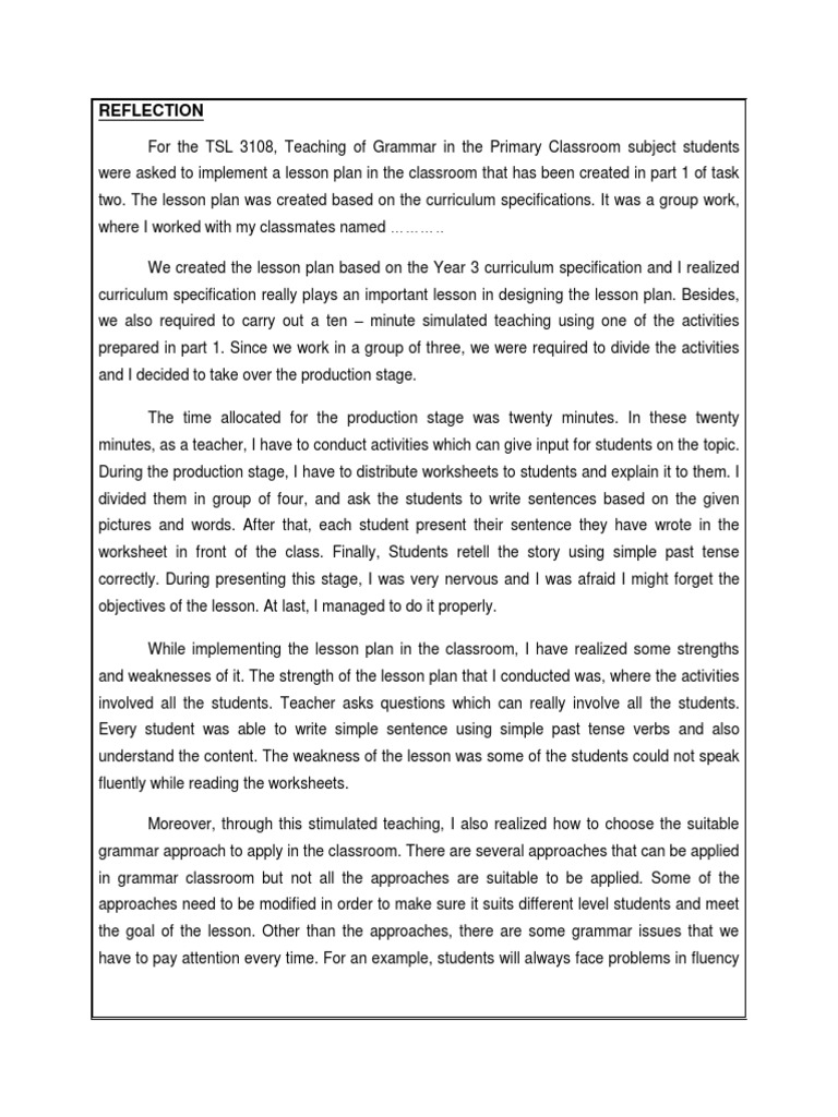 Grammar Reflection PDF Lesson Plan Teachers