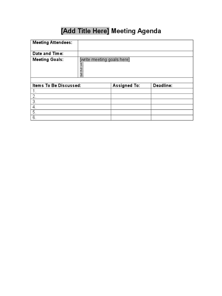 (Add Title Here) Meeting Agenda Meeting Attendees Date and Time