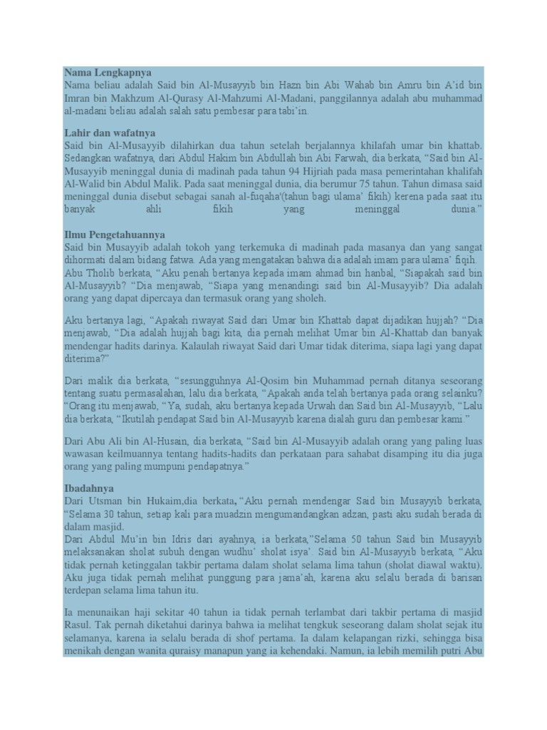 Biografi Said bin Al-Musayyib | PDF