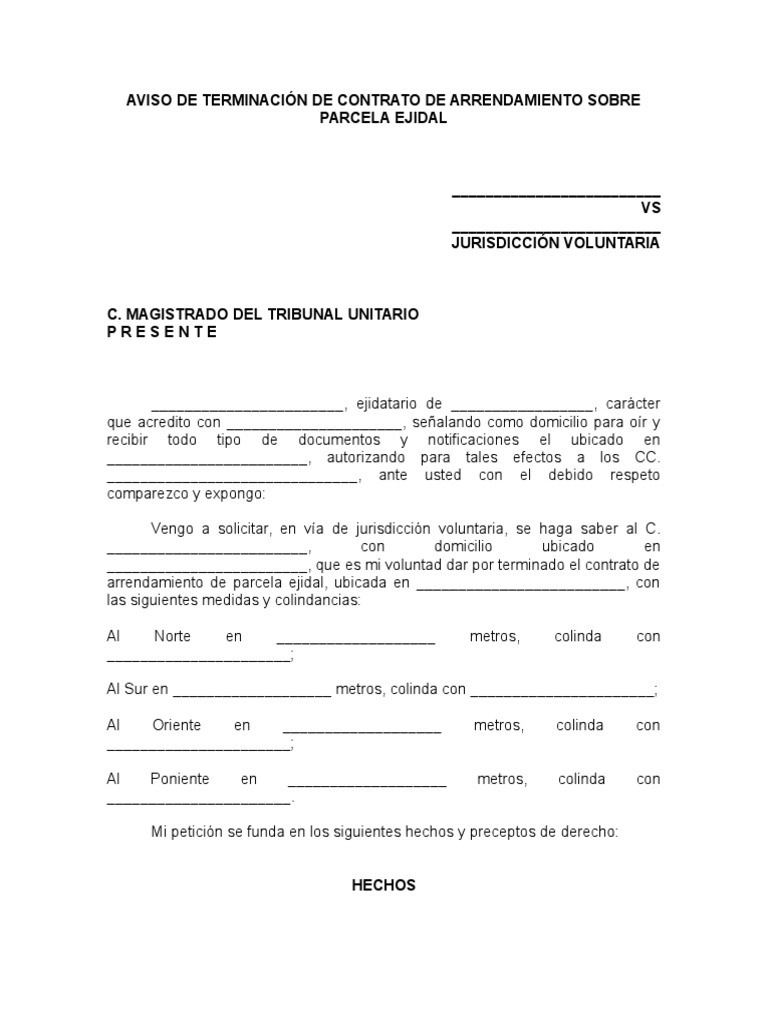 Aviso de Terminacion de Contrato de Arrendamiento Sobre Parcela Ejidal