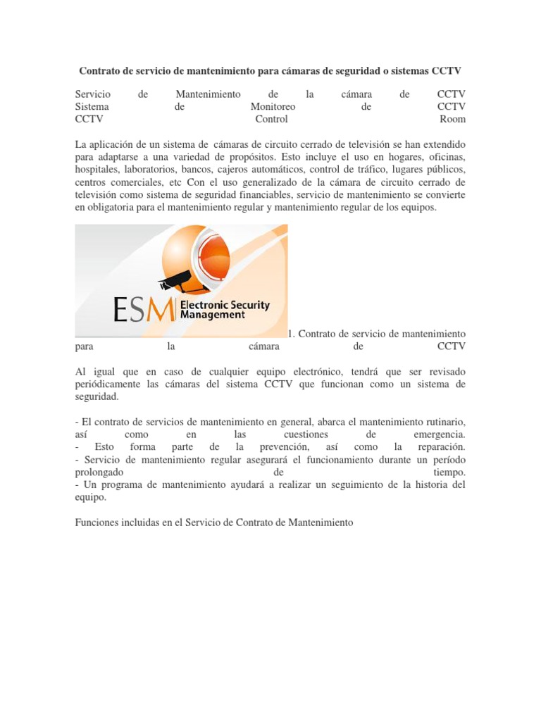 Contrato de Servicio de Mantenimiento para Cámaras de Seguridad o Sistemas  CCTV | PDF | Circuito cerrado de televisión | Informática y tecnología de  la información