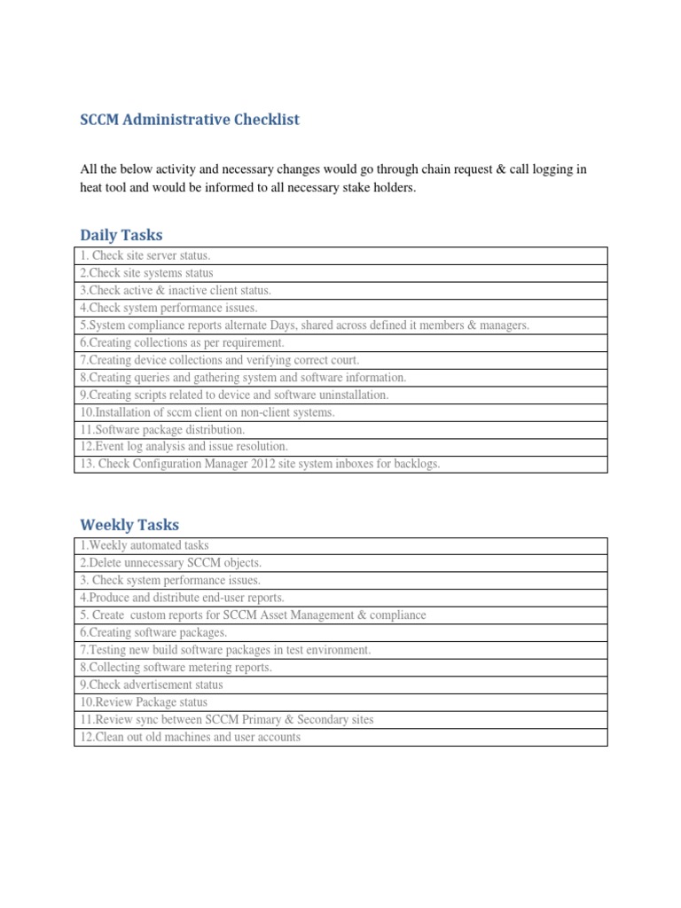 SCCM Administrative Checklist | Server (Computing) | Computer Engineering