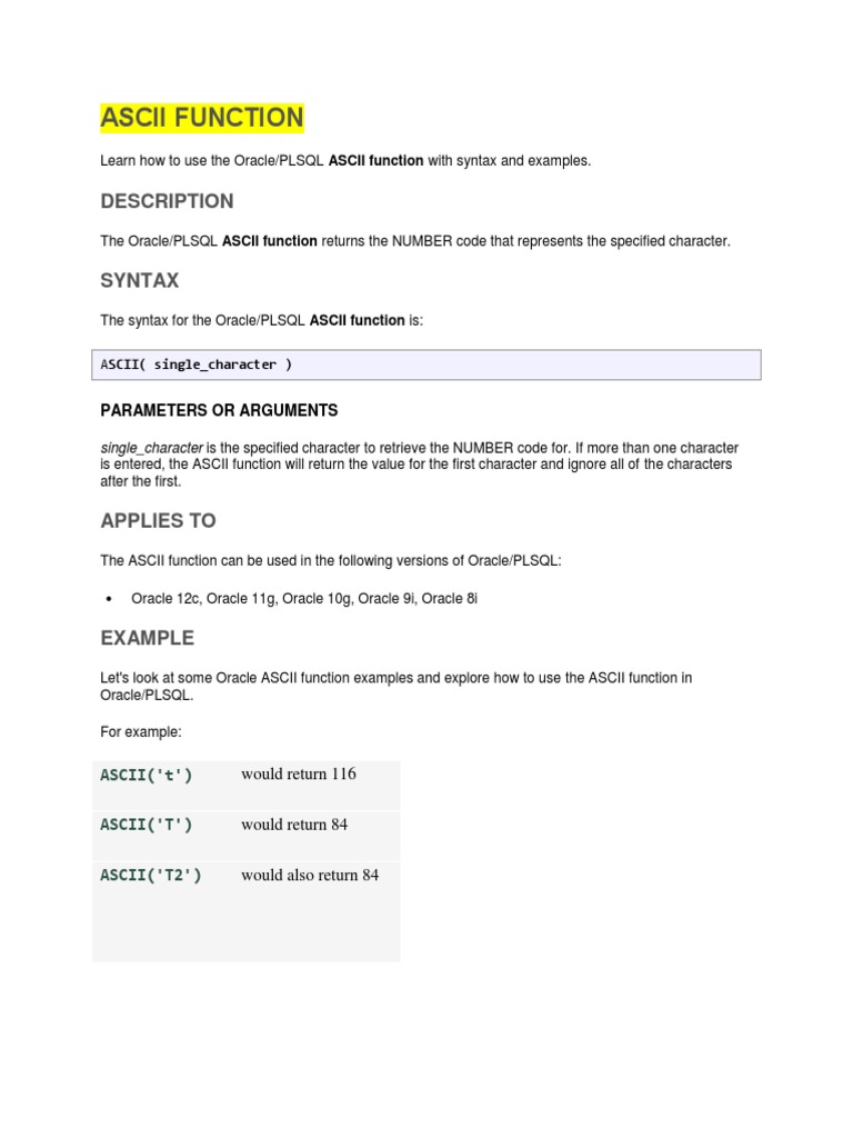 Pl Sql Functions Character Encoding Parameter Computer