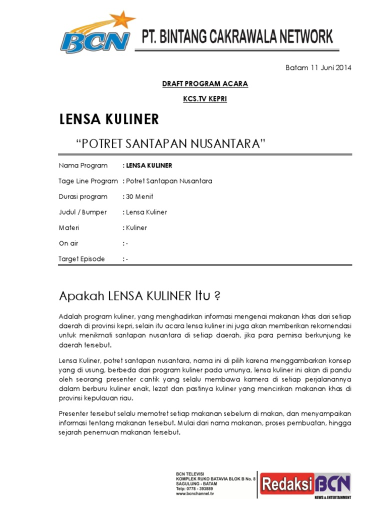Proposal Program Lensa Kuliner TV | PDF | Memasak, Makanan, & Anggur | Seni