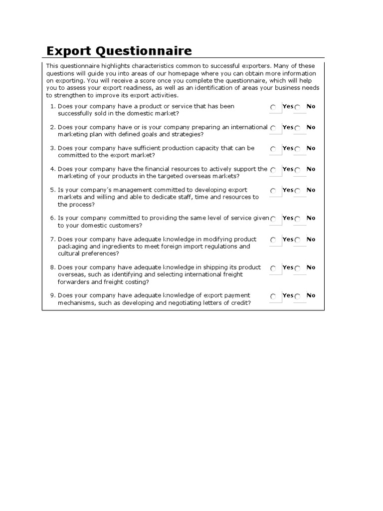 Export Questionnaire | PDF