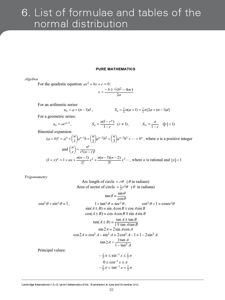 Mathematics Formula Sheet 9709 | PDF | Trigonometric Functions | Sine