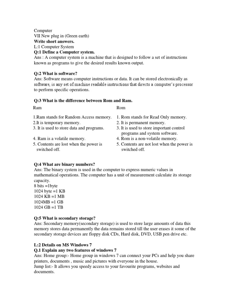 Write Short Answers. Q1 Define A Computer System PDF Computer Data