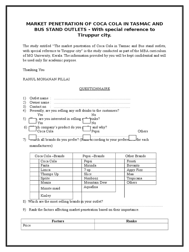 Questionnaire Cola Coca Cola