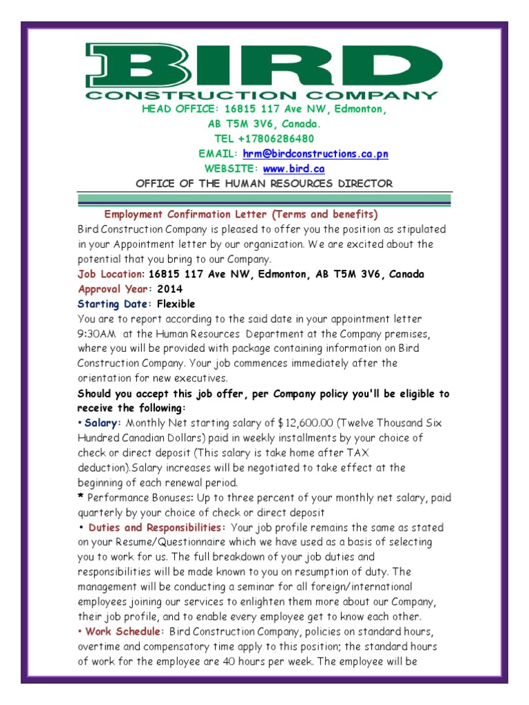 Bird Consturction Company Employment Contract Letter Cbsa PDF