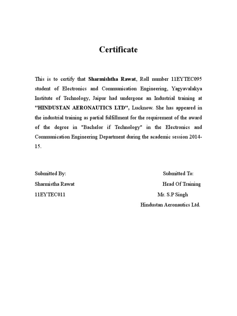 HAL Internship Certificate for Sharmishtha Rawat | PDF