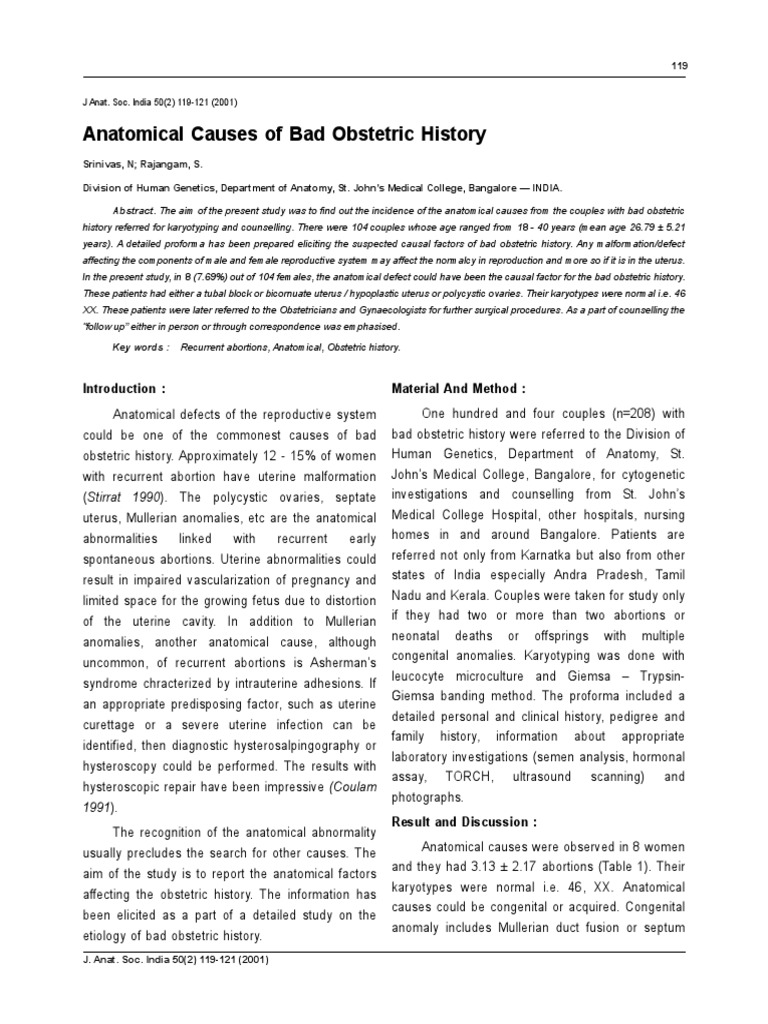 Anatomical Causes of Bad Obstetric History PDF Miscarriage