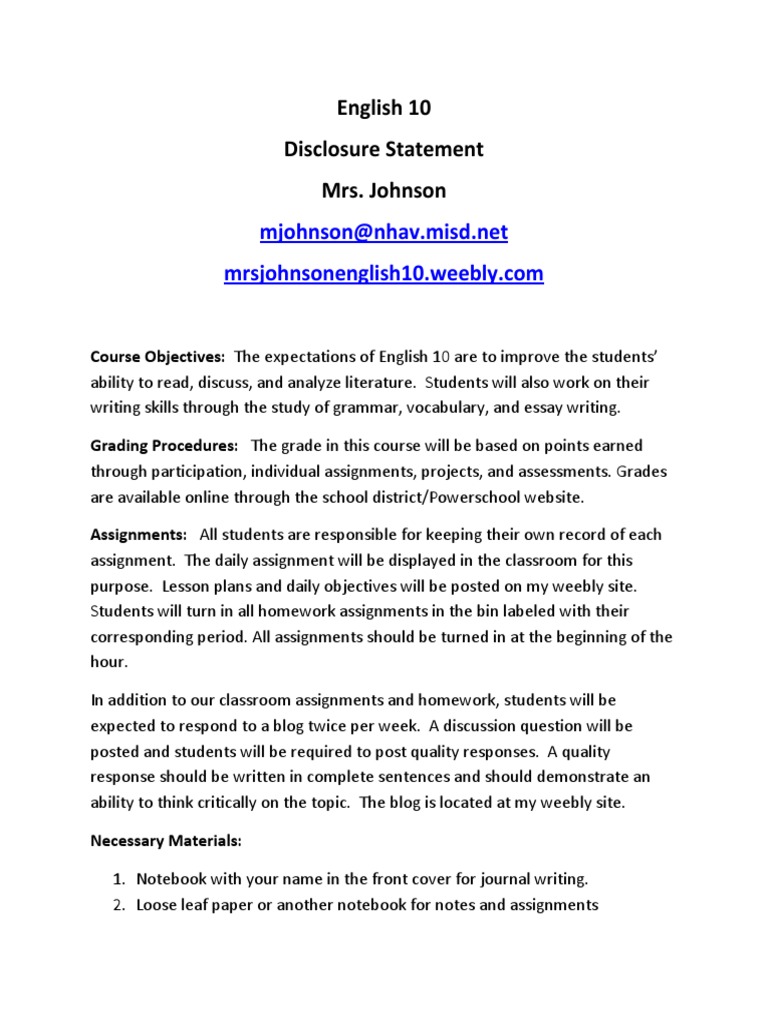 English 10 Disclosure Statement | PDF | Homework | Teaching