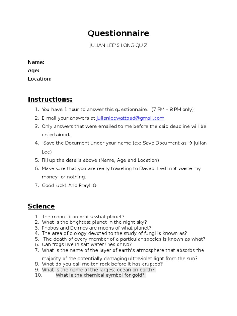Questionnaire: Instructions | PDF