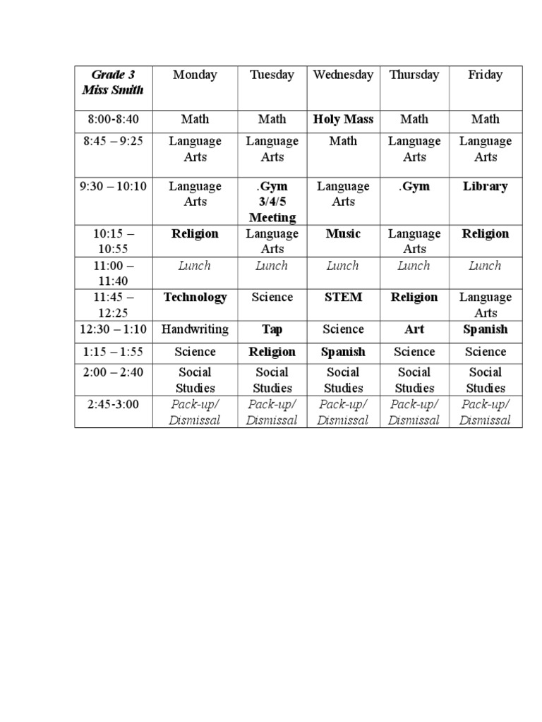 Grade 3 Weekly Class Schedule | PDF