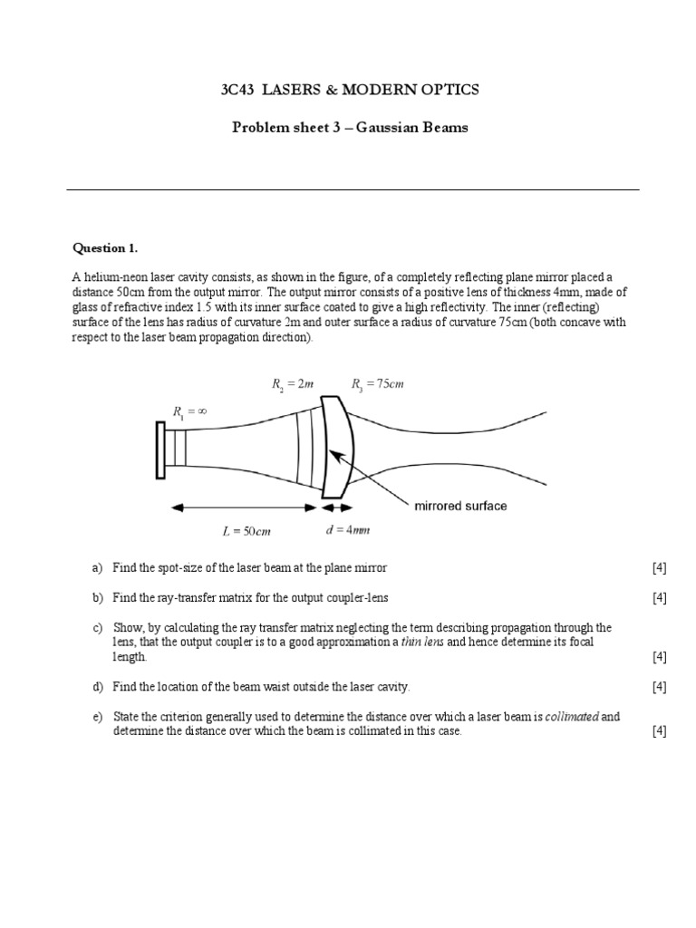 3C43 Lasers & Modern Optics Problem Sheet 3 - Gaussian Beams | PDF