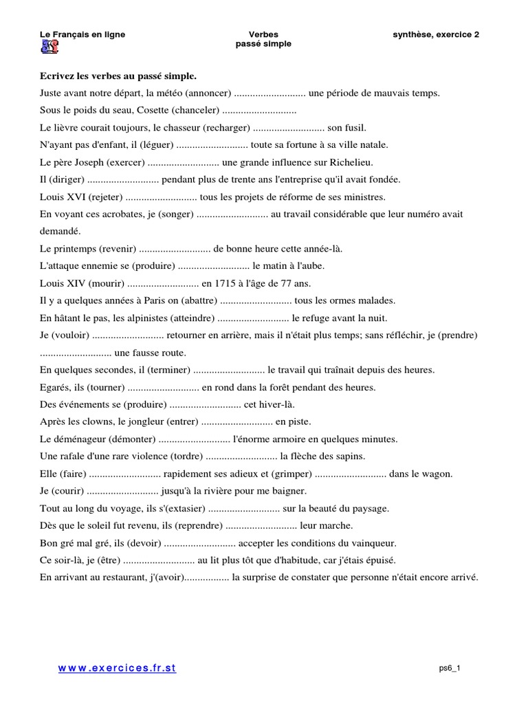 Exercices Passé Simple 4ème à Imprimer