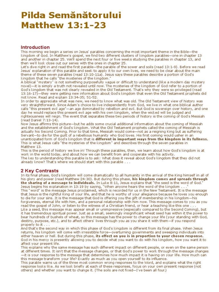 Pilda Semănătorului: Învățăturile Împărăției | PDF | Parables Of Jesus ...
