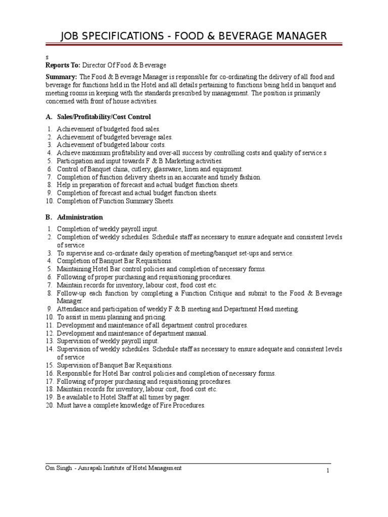 Food \u0026 Beverage Manager Role | PDF | Foods | Inventory, image size:768x1024