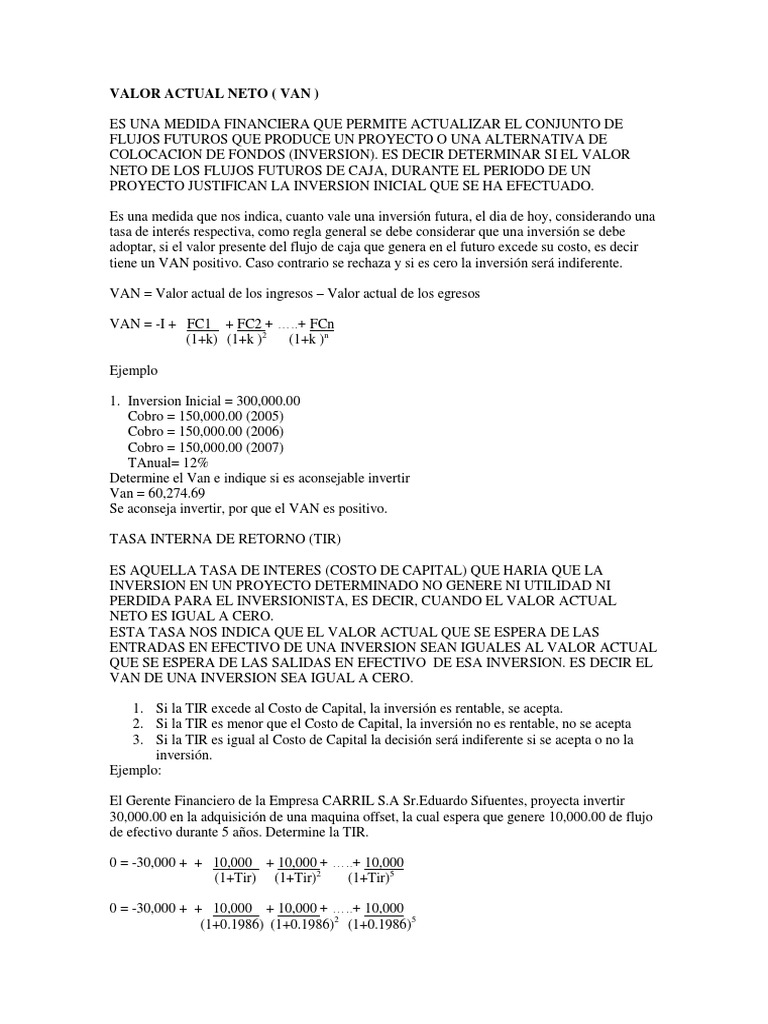 Ejercicios de Valor Actual Neto (VAN) | PDF | Valor presente neto ...